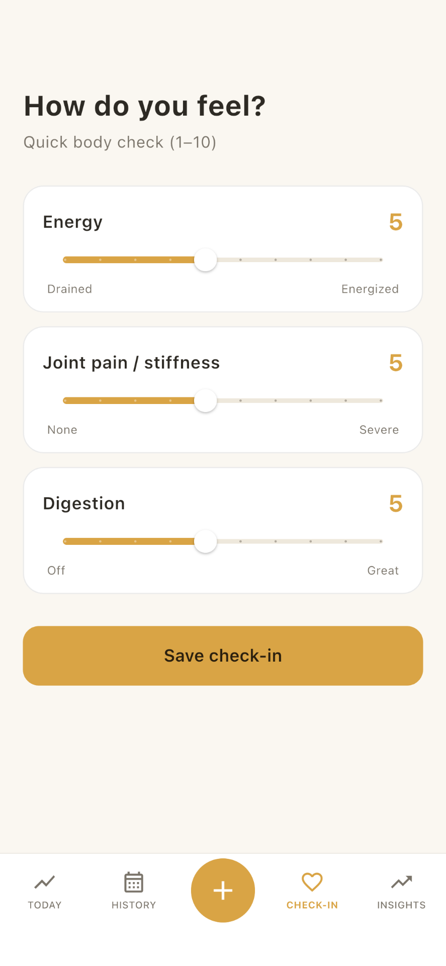 Quick body check-in with energy, joint pain, and digestion sliders