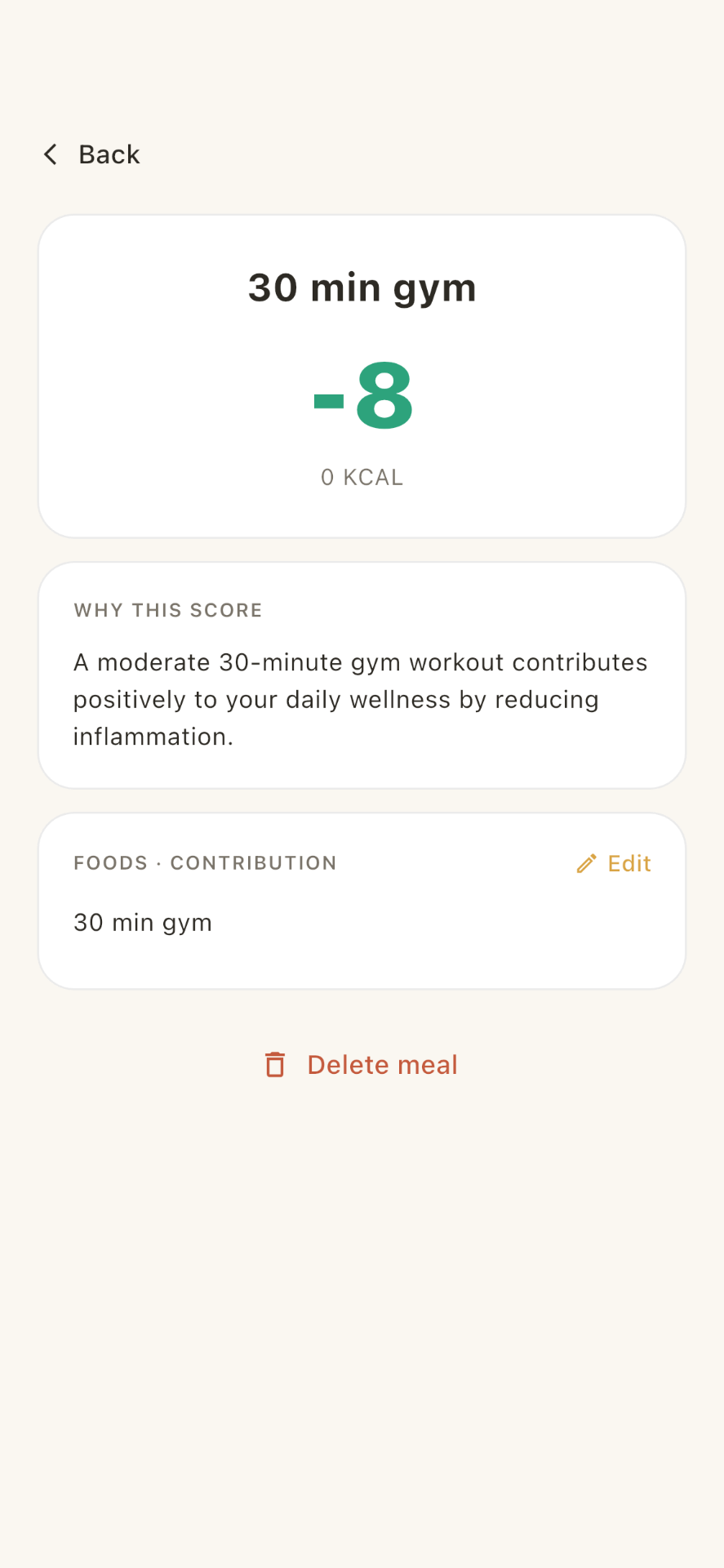 Meal detail showing why a 30 minute gym session scored −8