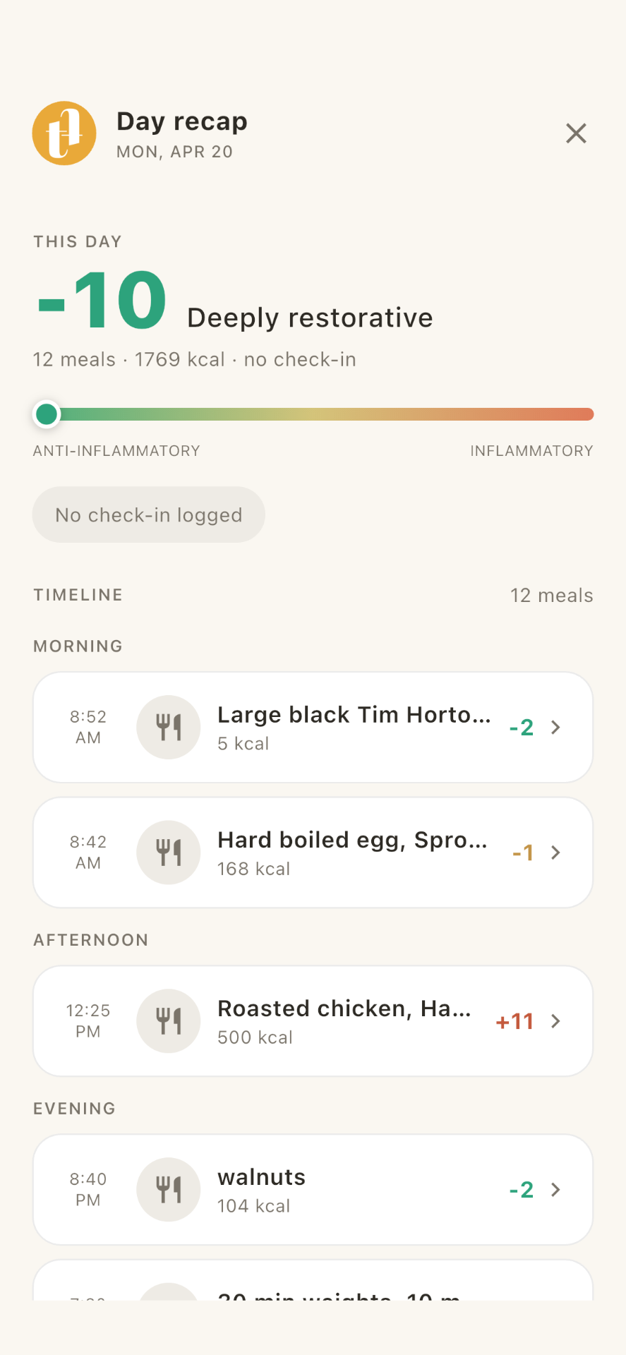 Day recap with timeline of meals across morning, afternoon and evening