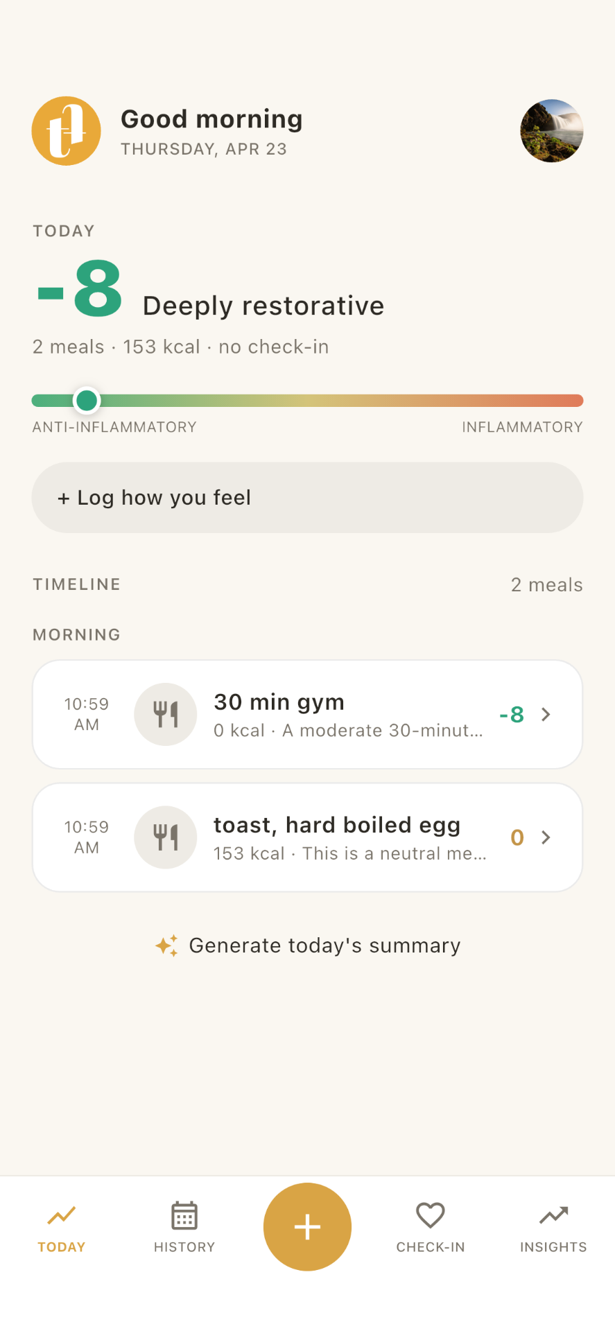 Turmeric Today screen showing a daily inflammation score of −8, deeply restorative